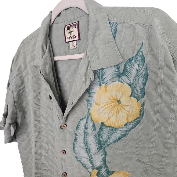 VTG Tommy Bahama Silk Shirt Men L Green Floral Seersucker Hawaiian Vacation - Picture 6 of 8